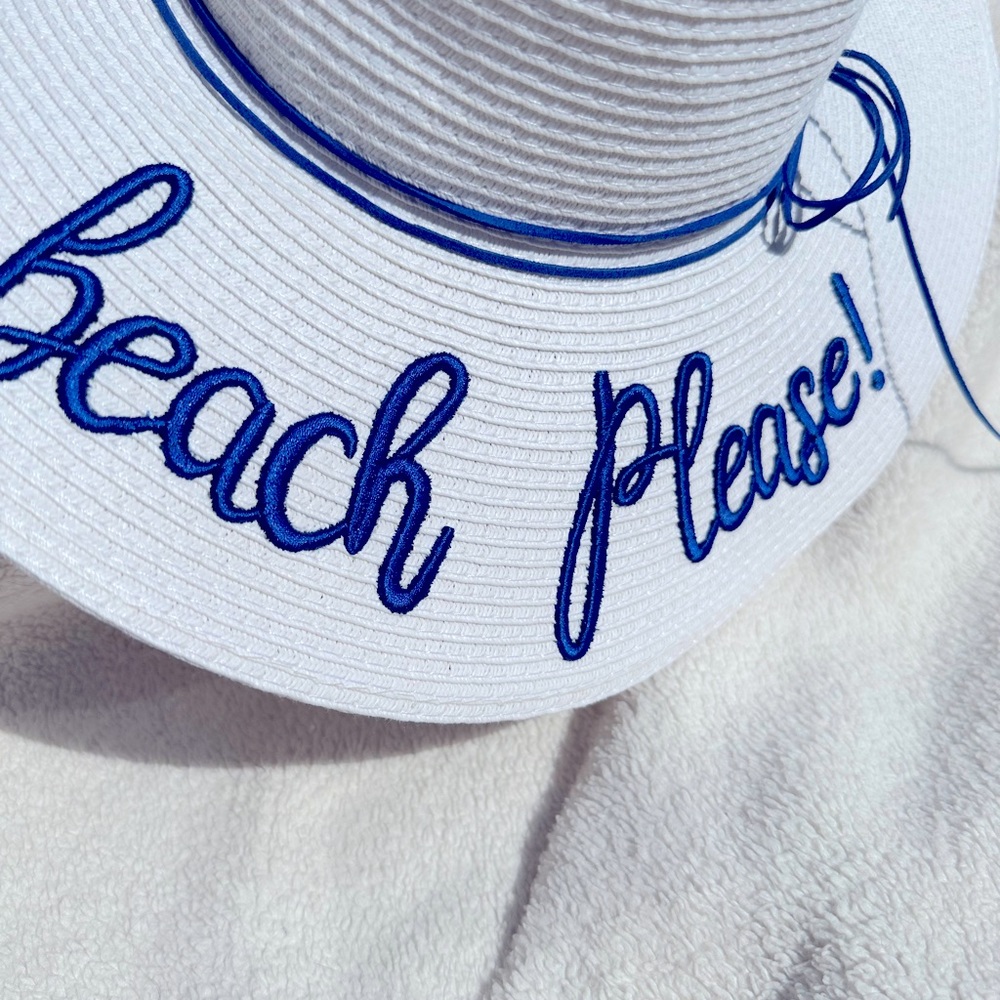 Isle Bonita BEACH PLEASE floppy hat. White beach sun hat with blue stitching NWT - Picture 3 of 7